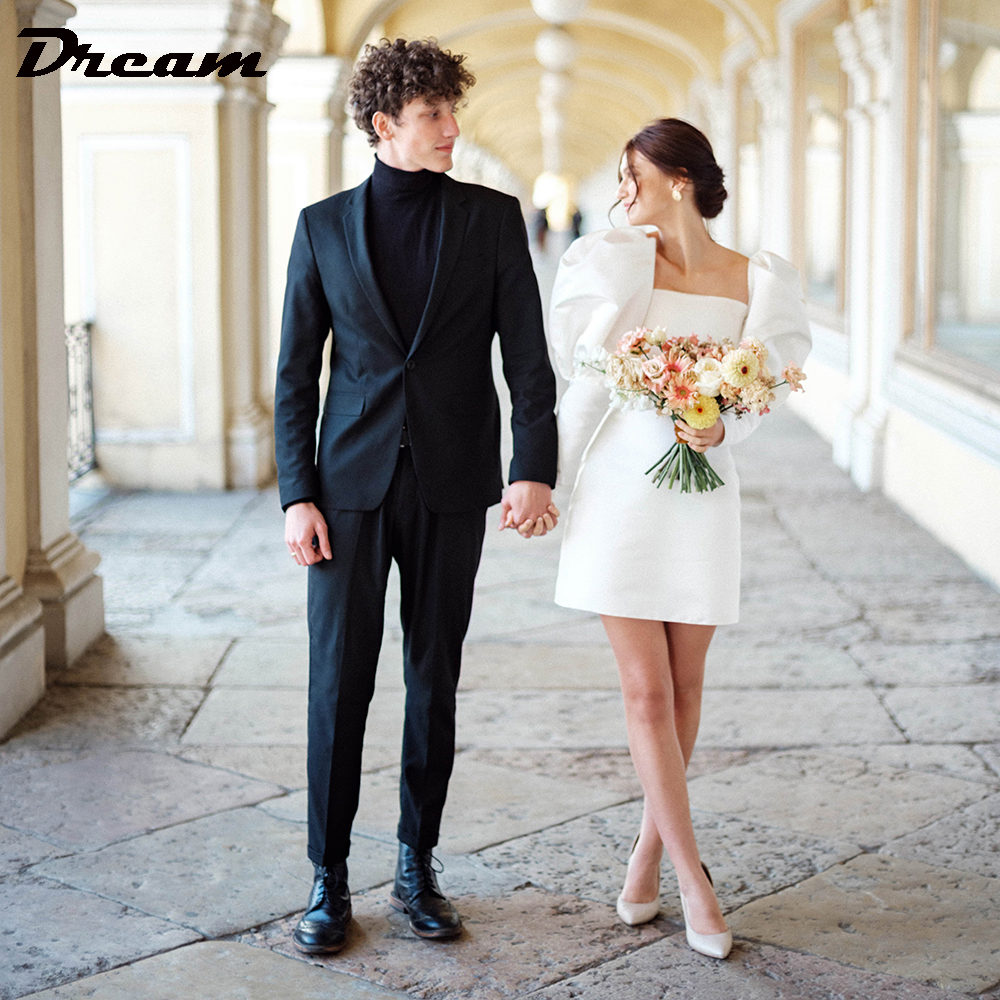 DREAM Abito da sposa micro in raso con maniche lunghe a palloncino personalizzato Semplice collo quadrato sopra il ginocchio Abiti da sposa retrò di lunghezza mini 2025