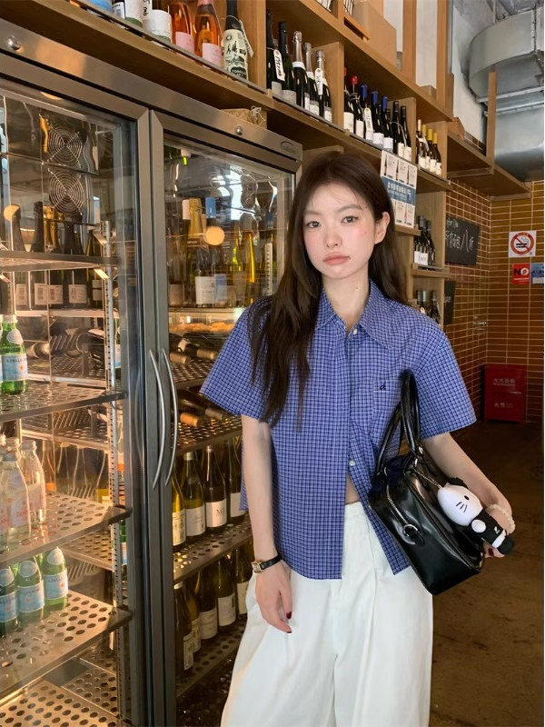 Csa Casual Azul de Manga Curta para Mulheres, Estilo Retro Americano, Nova Csa com Botões em Fibra de Poliéster