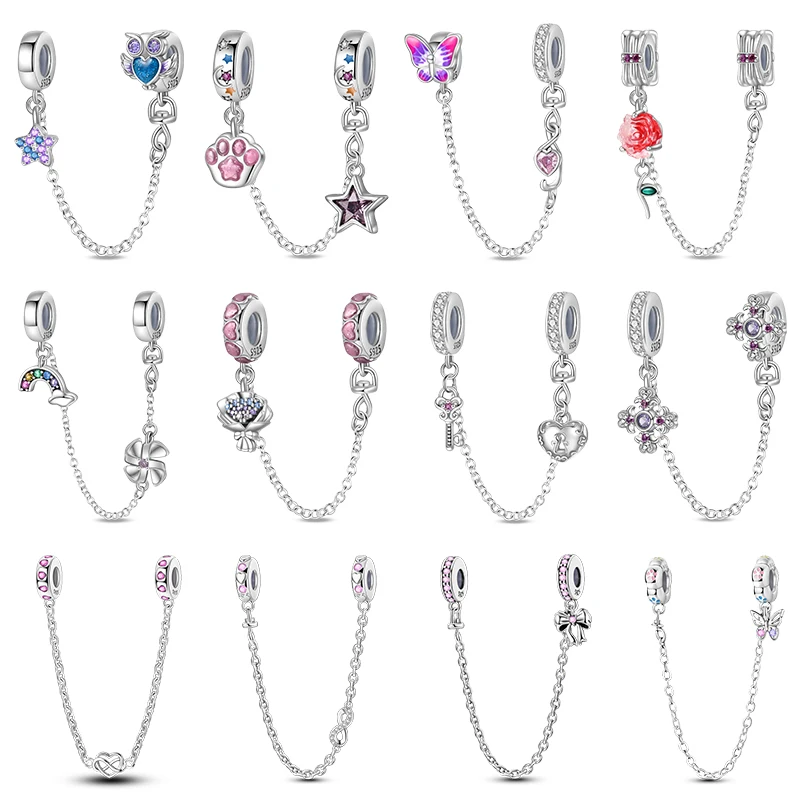 925 Sterling Silver Heart Shaped Keylock Cross Pattern Fantasy Cat Claw Safety Chains Fit Qikaola Original Bracelets DIY Jewelry