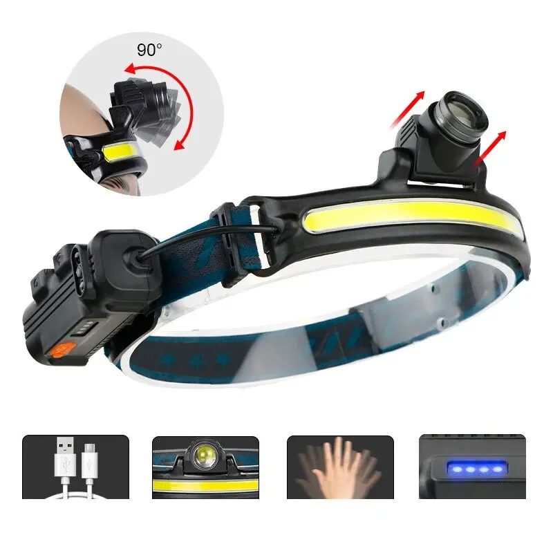 USB wiederauf ladbare Induktion scheinwerfer Zoom Cob LED Scheinwerfer in Batterie Taschenlampe Multifunktion 6 Modi Stirn lampe gebaut