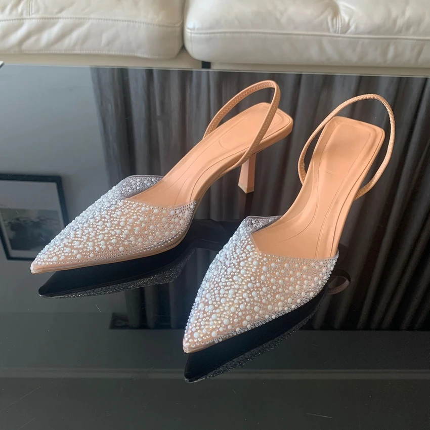 2024 แฟชั่นฤดูร้อนผู้หญิงรองเท้าส้นสูงเพิร์ลตกแต่ง Slingback ผู้หญิงปั๊มชี้ Toe รองเท้าส้นสูงรองเท้าแตะ Elegant รองเท้าผู้หญิง