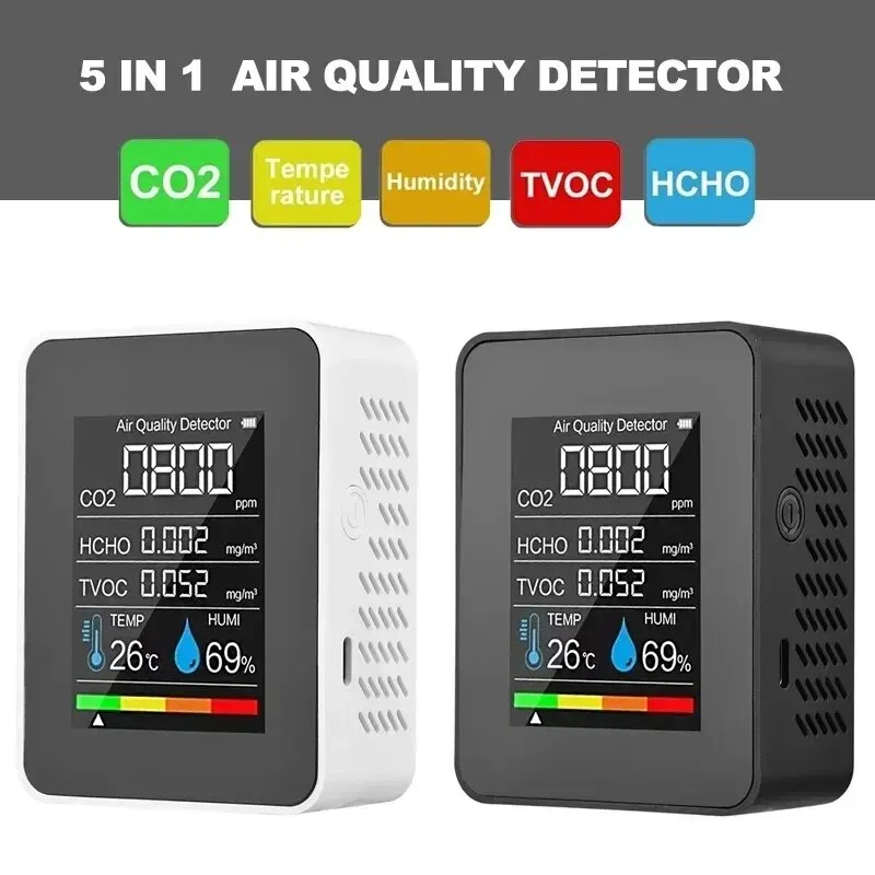 Medidor de CO2 multifuncional 5 en 1, probador Digital de temperatura y humedad, Detector de dióxido de carbono TVOC HCHO, Monitor de calidad del aire