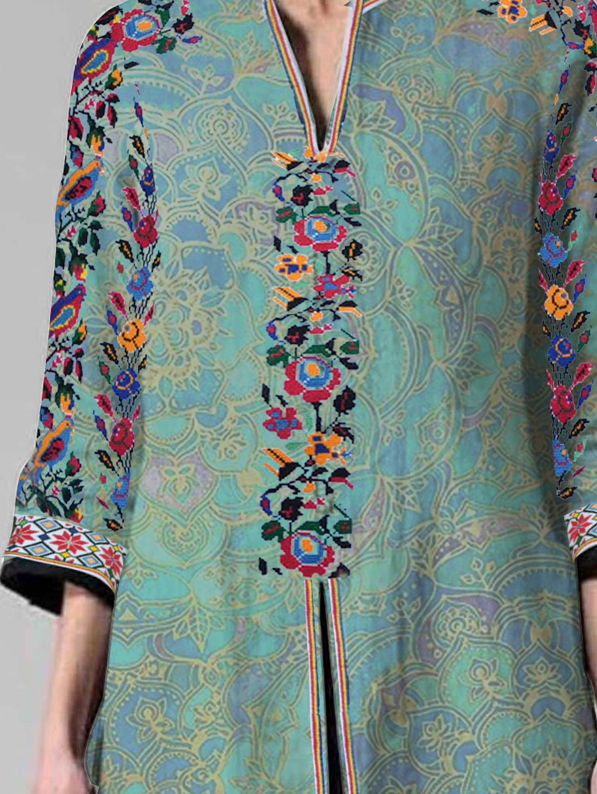 Ethnisches Midikleid mit gekerbtem Kragen, geteilter Blumendruck, Vintage-gerades Kleid, Dreiviertelärmel, Herbstmode, Freizeitkleider