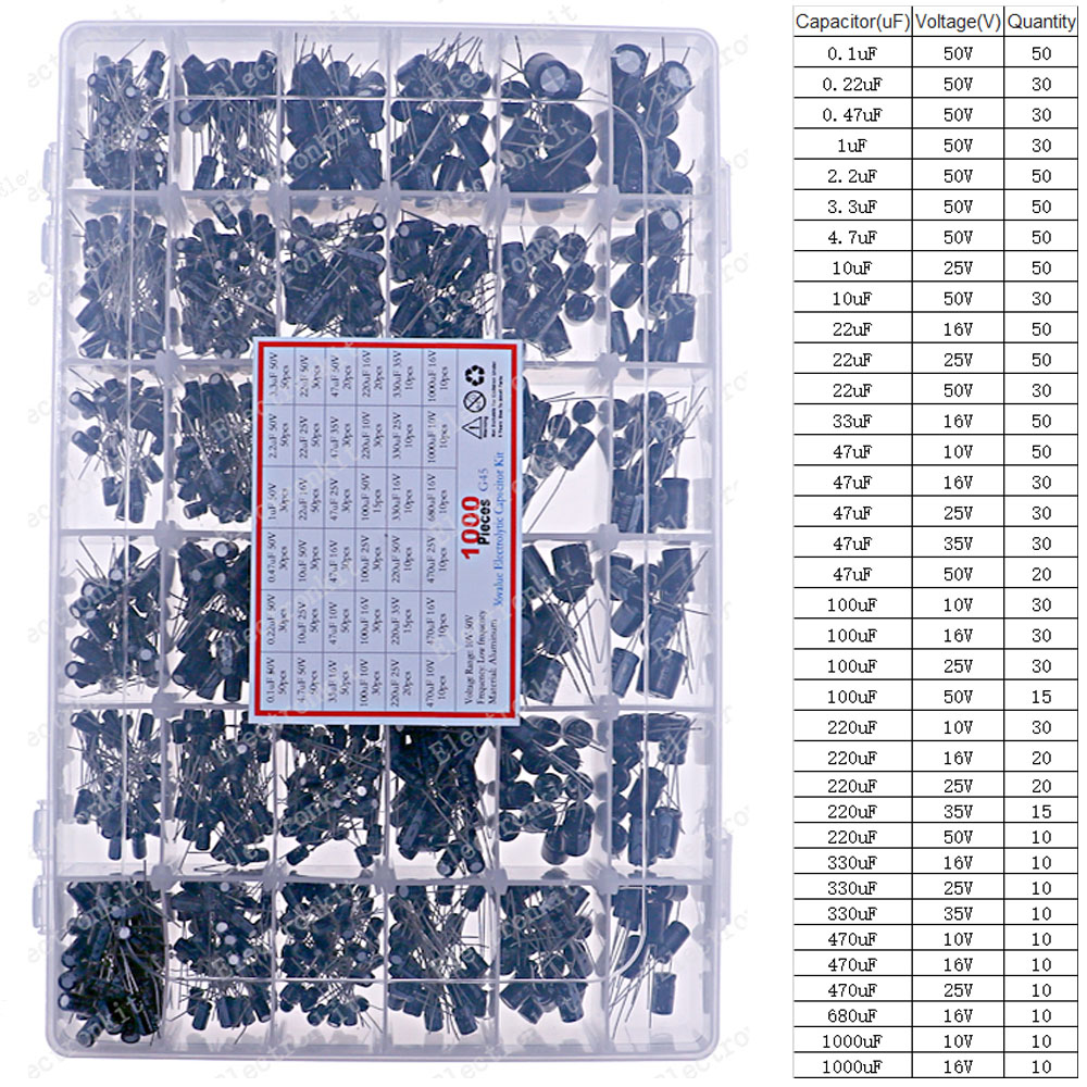 Electrolytic Capacitors Assortment Kit 16V 25V 35V 50V 1uf 2.2uF 3.3uF 4.7uF 10uF 22uF 33uF 47uF 100uF 220uF 330uF 470uF 1000uF