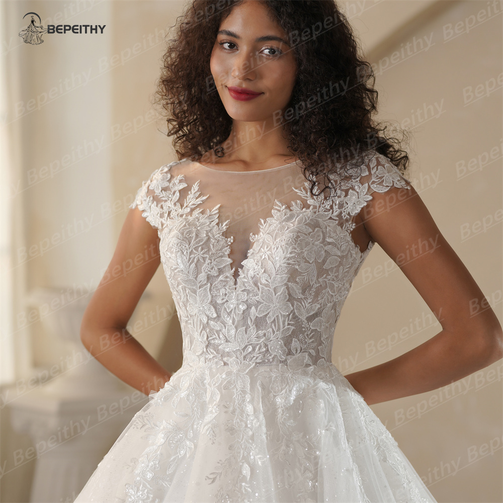 BEPEITHY Customized Cap Sleeves Bride Ivory Wedding Dresses For Women 2025 Court Train Lace Glitter Sexy Backless Bridal Gown