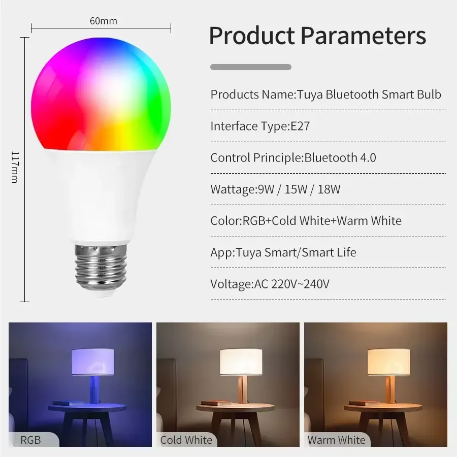 E27 Bluetooth Smart LED Bulb 220V 9W 15W 18W Tuya Lamp Smart Life APP Support RF 2.4GHz Remote Group Control Bedroom Home Decor