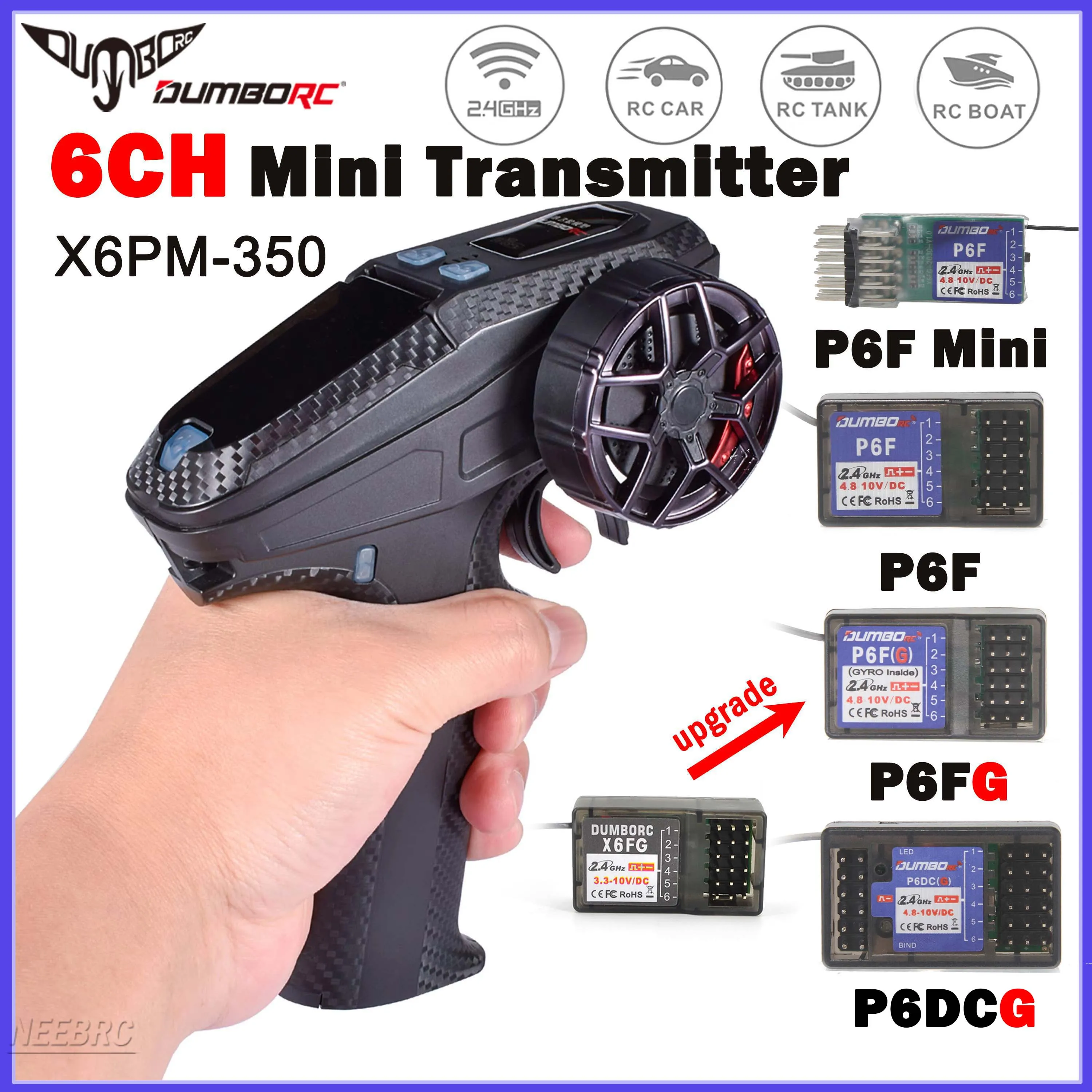 DUMBORC 6CH X6PM-350 2.4G 4.8-12V Mini เครื่องส่งสัญญาณ P6F Mini/P6F/P6FG/P6DCG Gyro สําหรับ RC รถถังเรือรุ่น Part X6FG