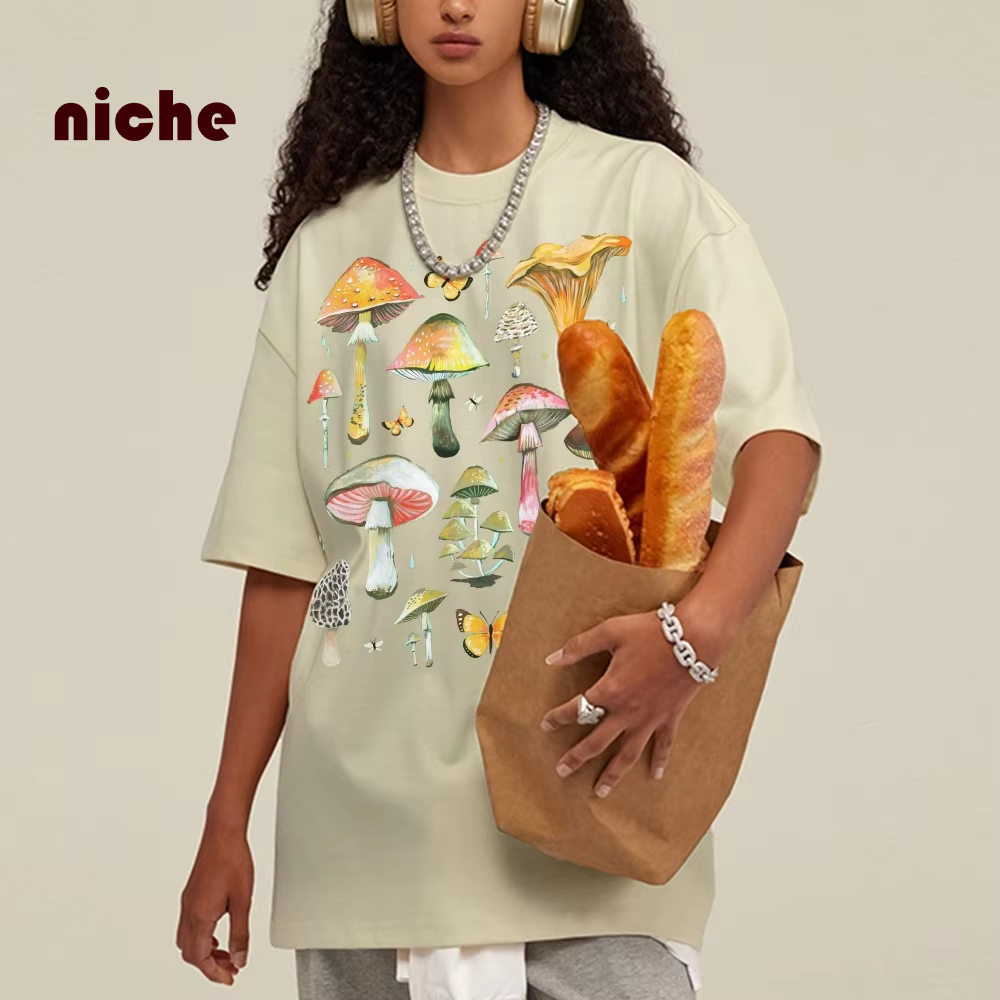Camiseta Retro con hombros descubiertos, cuello redondo, algodón puro de alta calidad, estampado de setas deliciosos, moda de verano, novedad de manga corta