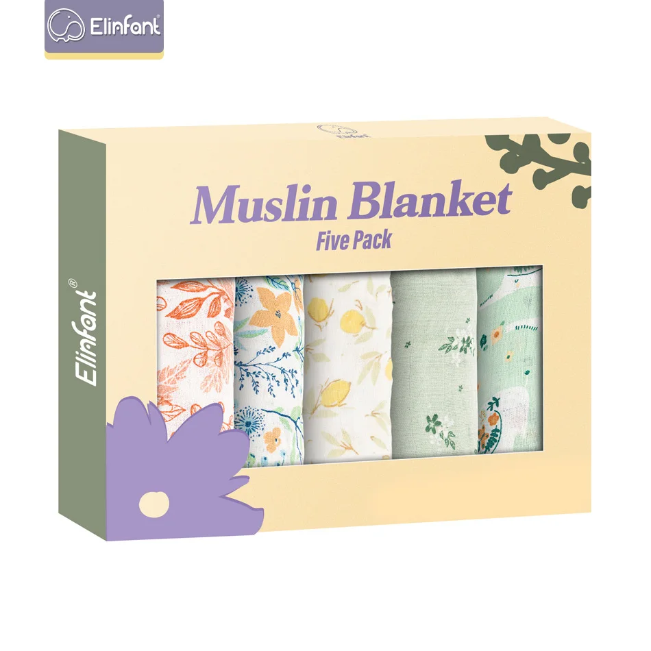 Elinfant 5-teiliges Geschenkset aus Bambus-Baumwoll-Musselin-Lätzchen, Spucktuch, 100 % Baumwolle, 60 x 60 cm, 2 Schichten, Baby-Schal, Taschentuch