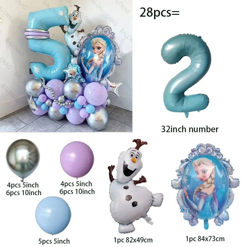 28pcs 냉동 호일 풍선 세트 엘사 공주 만화 테마 파티 장식 소녀 생일 베이비 샤워 웨딩 파티 용품