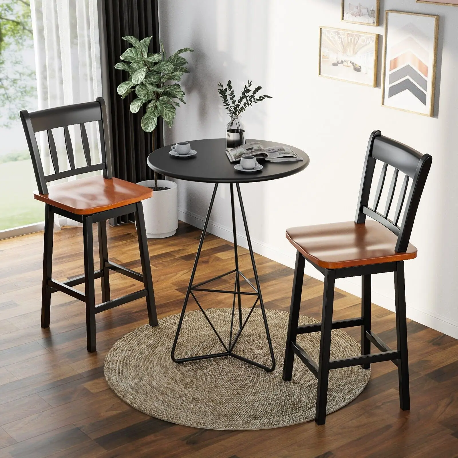 GOFLAME Bar Stools Set of 2 Rubber Wood Swivel Bar Chairs with Backrest & Footrest