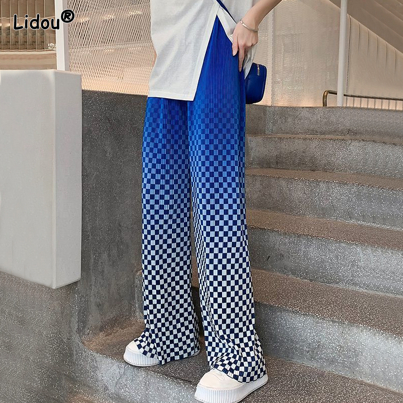 Frauen Mode Gradienten Plaid Print Lose Gerade Breite Bein Hosen Casual Sommer Oversize Komfortable Trend Hip Hop Kleidung