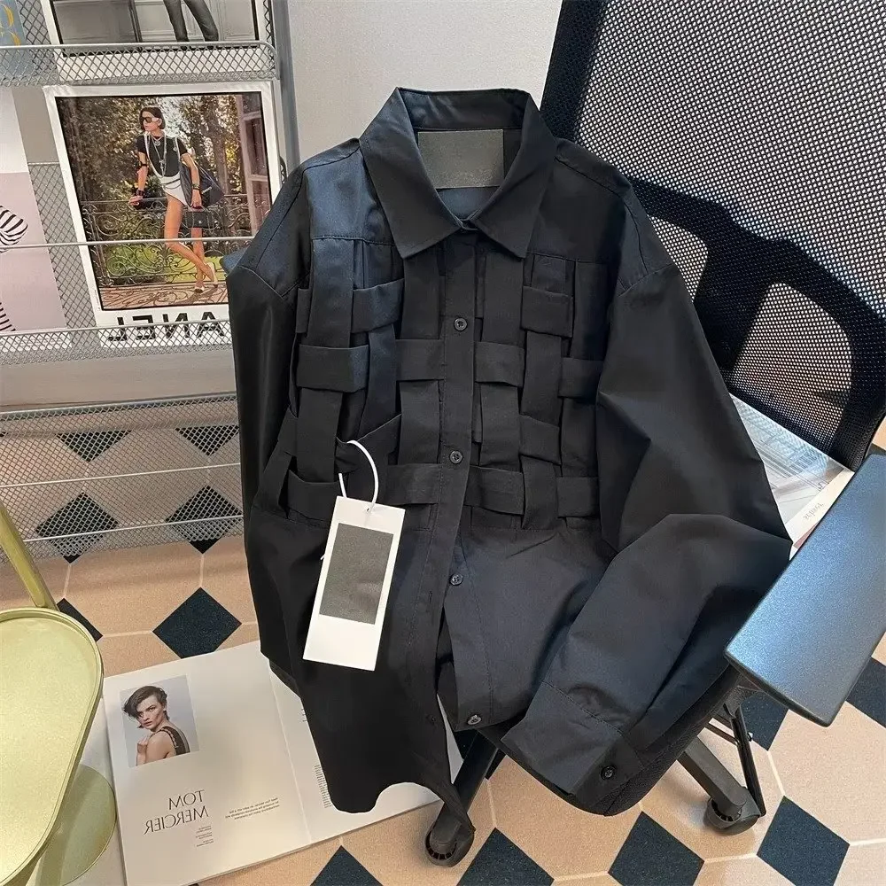 EBAIHUI, camisas lisas con agujeros para mujer, solapa, manga larga, cintura suelta, blusa de retales a la moda, camisa informal elegante de poliéster para mujer 2024