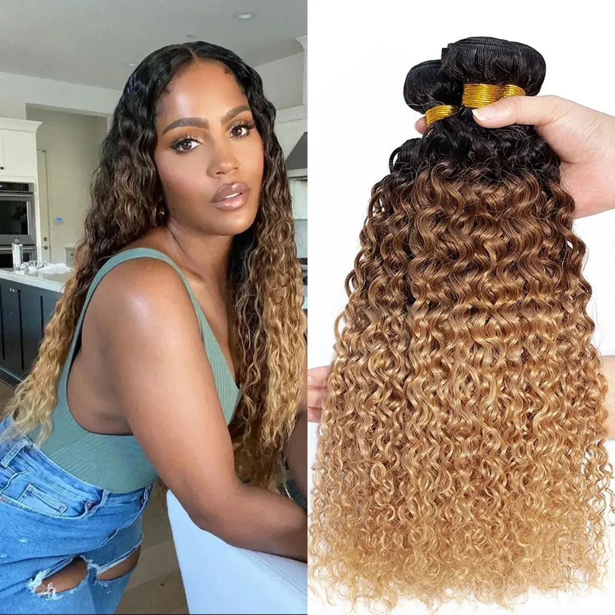 15a brasileiro kinky encaracolado feixes de cabelo humano ombre loira colorido tecer cabelo encaracolado 1/3/4 pacotes 100% virgem extensões de cabelo cru