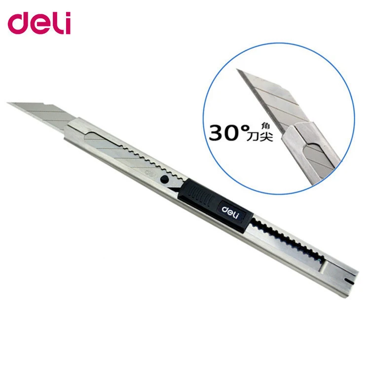 Deli Retractable Utility มีดสแตนเลส 30 องศาใบมีดเครื่องตัดกล่องกระดาษ Self-Locking ฟังก์ชั่นความปลอดภัยตัด Art เครื่องมืออุปกรณ์