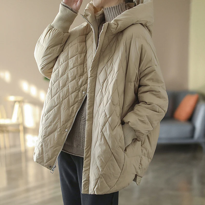 on Vrouwen Licht Witte Eend Donsjack Casual Losse Over Size Herfst Winter Uitloper Met Kapuze Jas 2024 Nieuw