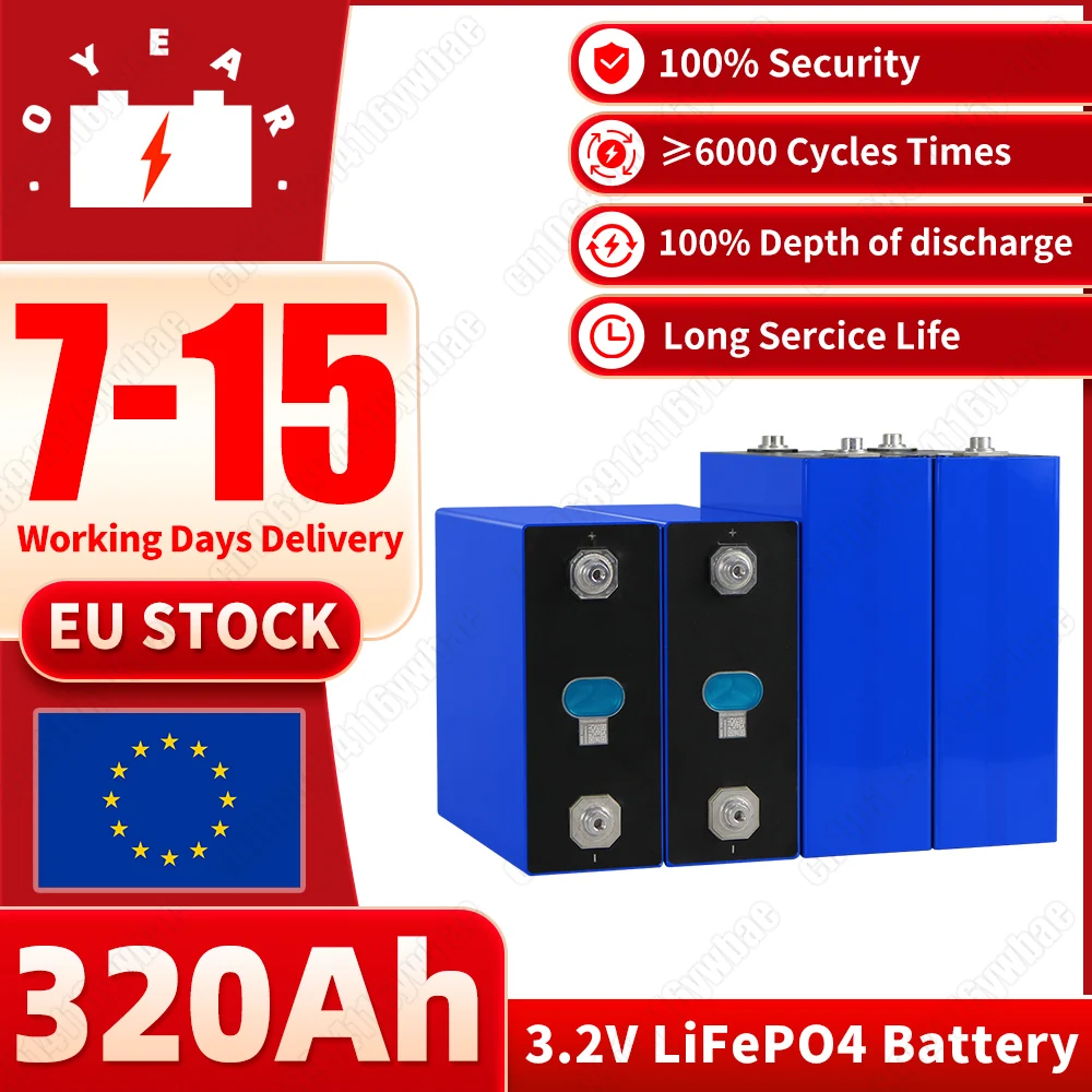 Klasa A 8000+ cykli 320Ah Lifepo4 Bateria 3,2 V litowo-żelazowo-fosforanowy Akumulator do ładowania, odpowiedni do DIY 12V 24V 48V Domowe magazynowanie energii RV słoneczny akumulator kempingowy, inwentaryzacja UE