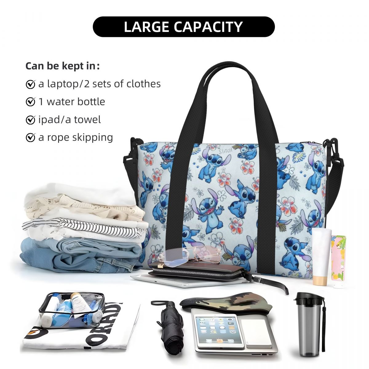 Benutzer definierte Disney Stitch Muster Einkaufstasche für Frauen große Kapazität niedlichen Kawaii Beach Gym Reisetaschen