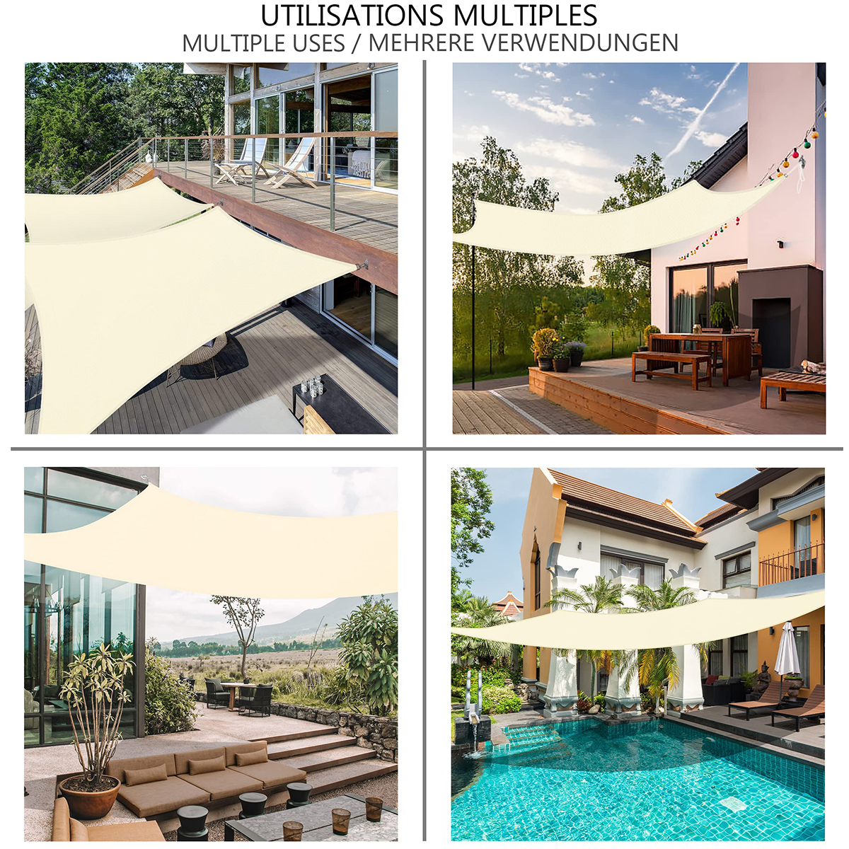 Sonnensegel, wasserdichter Gartenschutz, 95 % UV-blockierende Sonnenschutz-Markise, Überdachung für Terrasse, Garten, Hof, Hinterhof, Camping, Pool