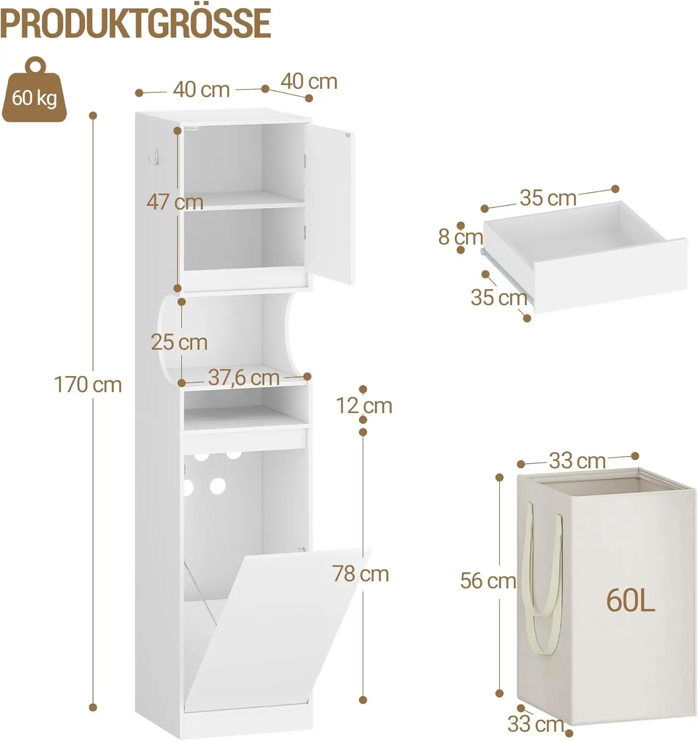 Hochschrank Badschrank, Laundry Bag, with Foldable Laundry Basket, Tür and Drawer, Adjustable Storage, 40 x 40 x 174 cm, White BC4