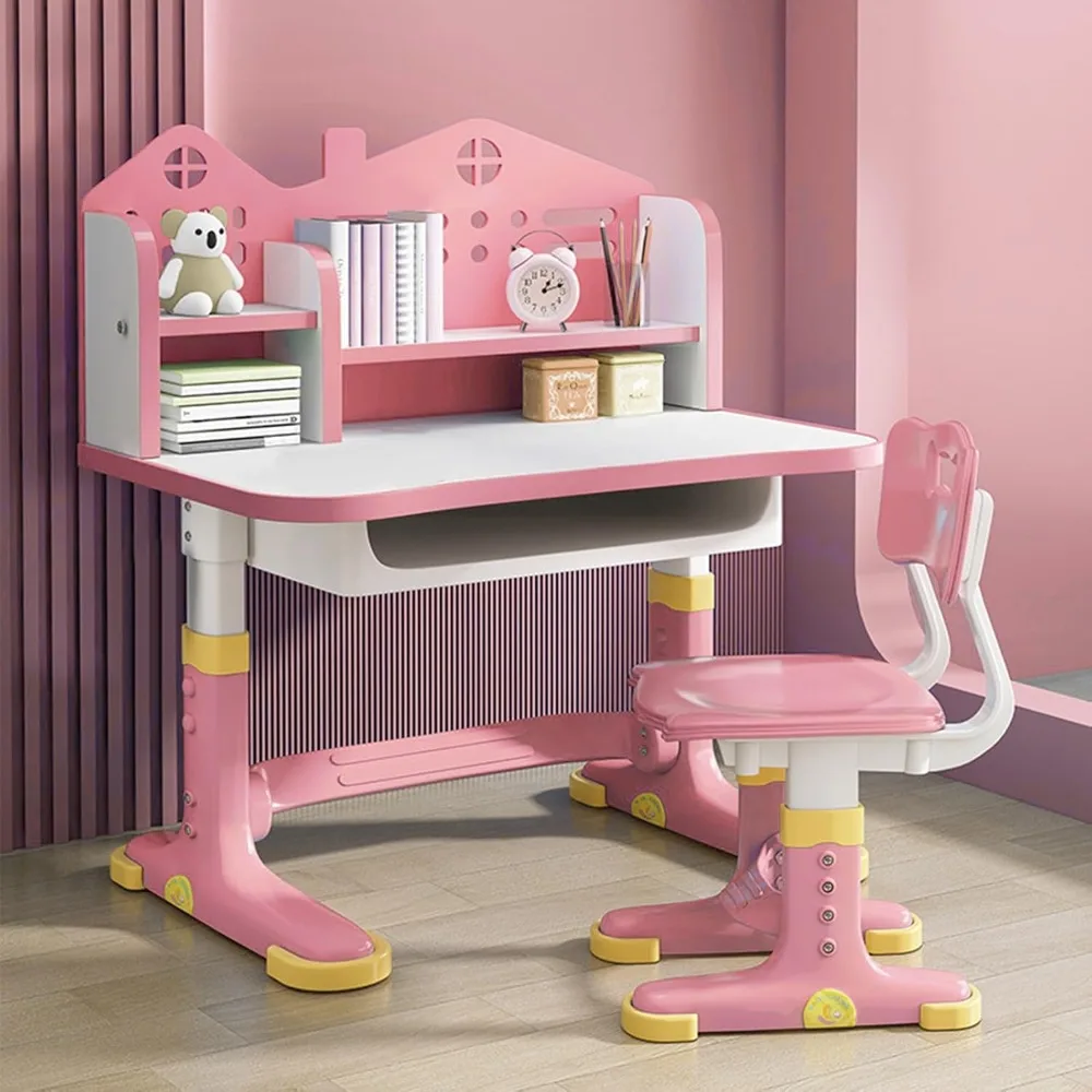 Kids Adjustable Study Desk & Chair Set w/Storage,Drawers,Bookshelf,Child Toddler Writing Homework Table,Little Girl Work Compute