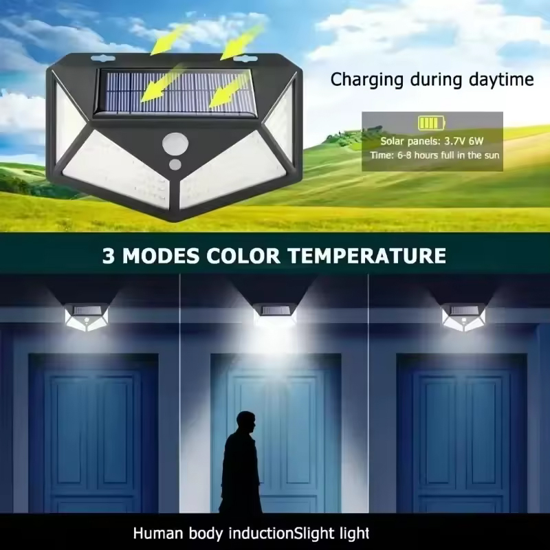 Lampada da parete solare Lampada da esterno 100LED Sensore di movimento impermeabile Lampada da strada a luce solare ad energia solare Lampada decorativa per ringhiera da giardino
