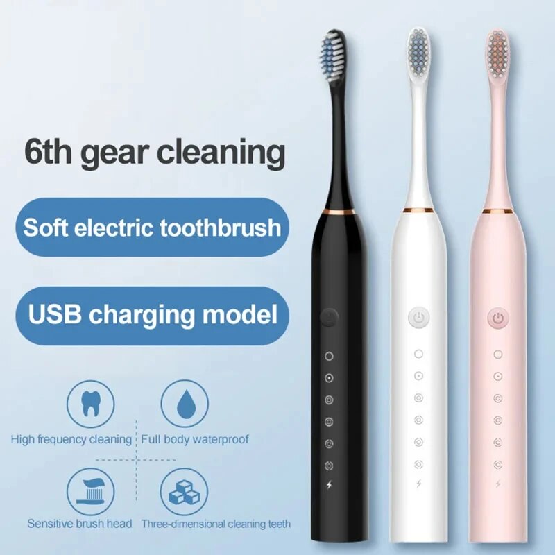 Brosse à dents électrique à ultrasons pour adultes, nettoyeur de dents étanche, ensemble automatique pour couple, mode 6 vitesses, chargement USB, cheveux doux à la maison
