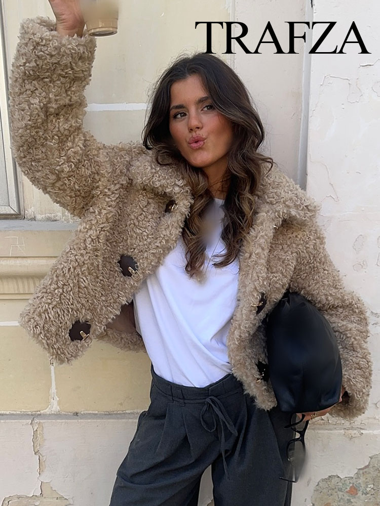 TRAFZA Winter Mode Frau Mäntel Solide Drehen-unten Kragen Langarm Einreiher Weibliche Streetwear Stil Dicke Jacken