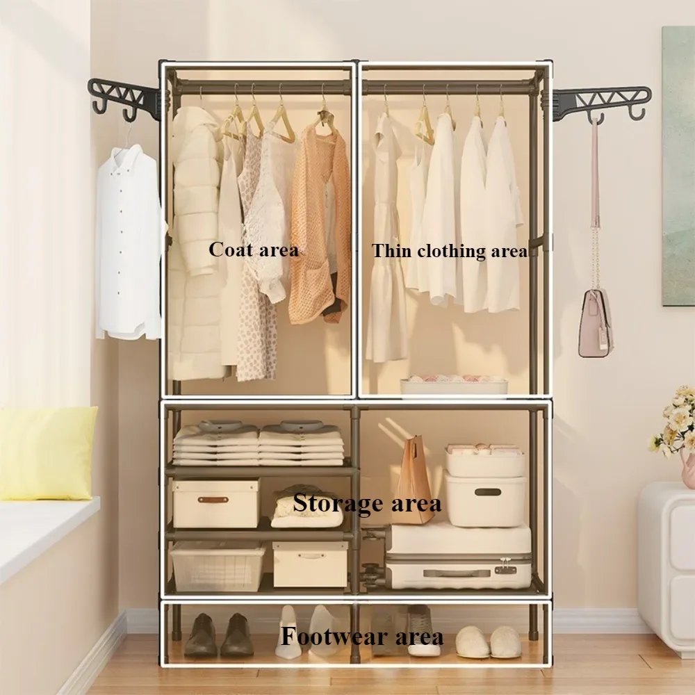 Double Row Clothes Rack Simple Assembly Home Storage Shelf Large Capacity Coat Wardrobe Hangers Bedroom Clothes and Shoes Stand