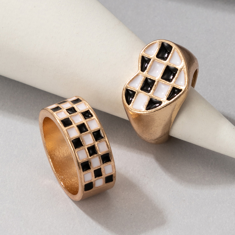 Docona Cincin Pasangan Hati Romantis untuk Wanita Geometri Tidak Beraturan Minyak Tetes Hitam dan Putih Perhiasan Pernikahan Modis Wanita