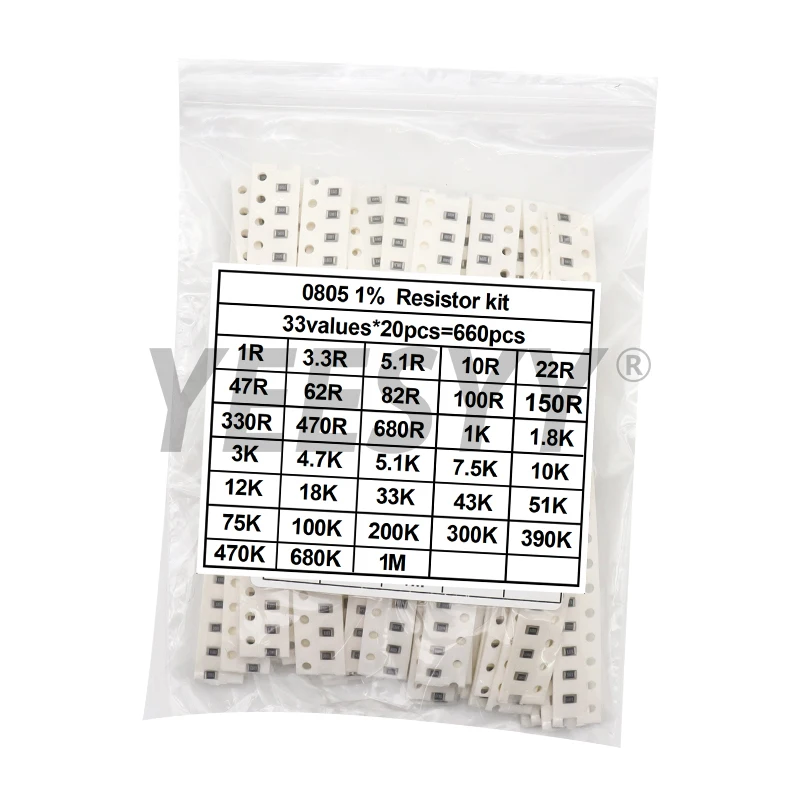 660 Uds 0603 0805 1206 0402 0201 1% Kit surtido de resistencias de Chip SMD 1R - 1M ohm 33valuesX20pcs juego de muestras de resistencia