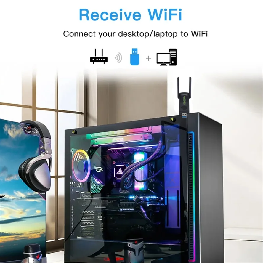 Adaptador WiFi USB de 1300Mbps, antena Dongle WiFi inalámbrica de doble banda de 2,4 Ghz/5Ghz, receptor de tarjeta de red Ethernet USB para PC y portátil