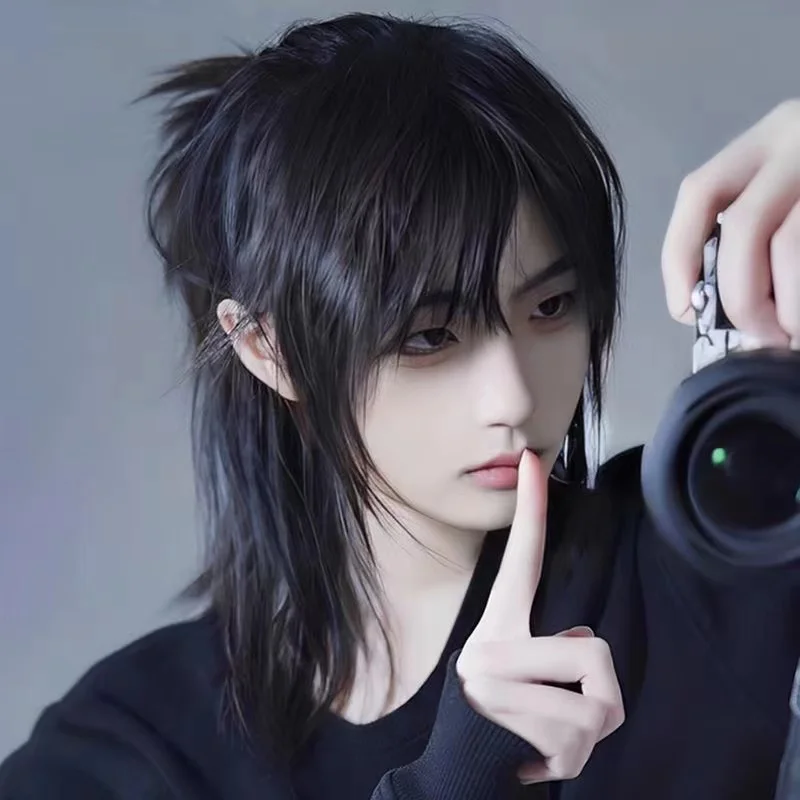 สั้น Mullet หัววิกผมสังเคราะห์ตรงอะนิเมะผู้ชายสีดําสีเทาสีเขียววิกผมสําหรับ Daily Party คอสเพลย์