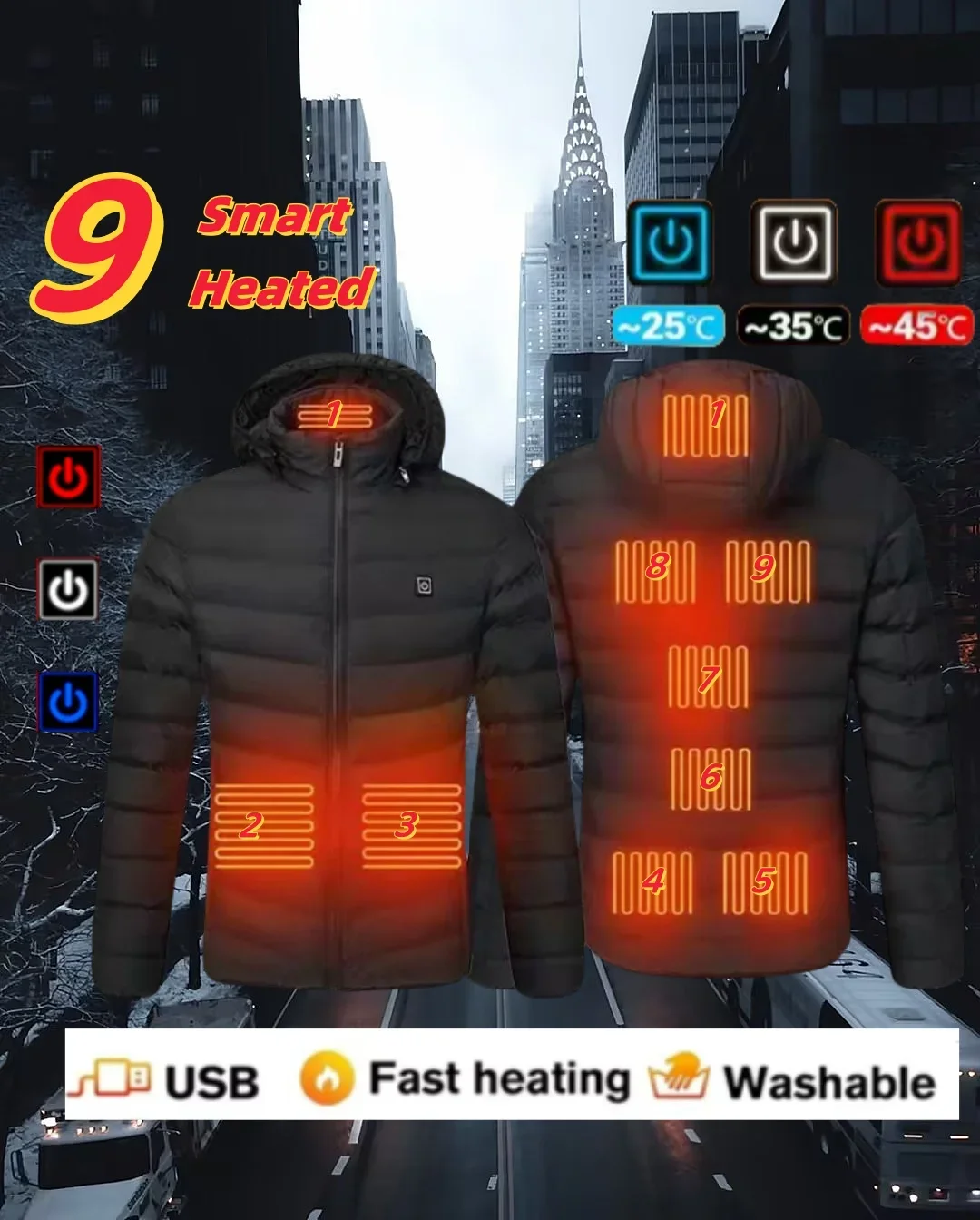 Vêtements chauffants multizone pour hommes, manteau à capuche, veste d'outillage simple, document solide, froid et chaud, mode d'hiver, USB 21, 23/25