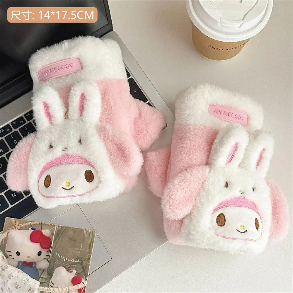 Sanrio Kawaii My Melody Plüsch Klappe bestickte Handschuhe Kuromi Cinnamoroll Anime Winter verdicken warme Handschuhe Mädchen Festival Geschenk