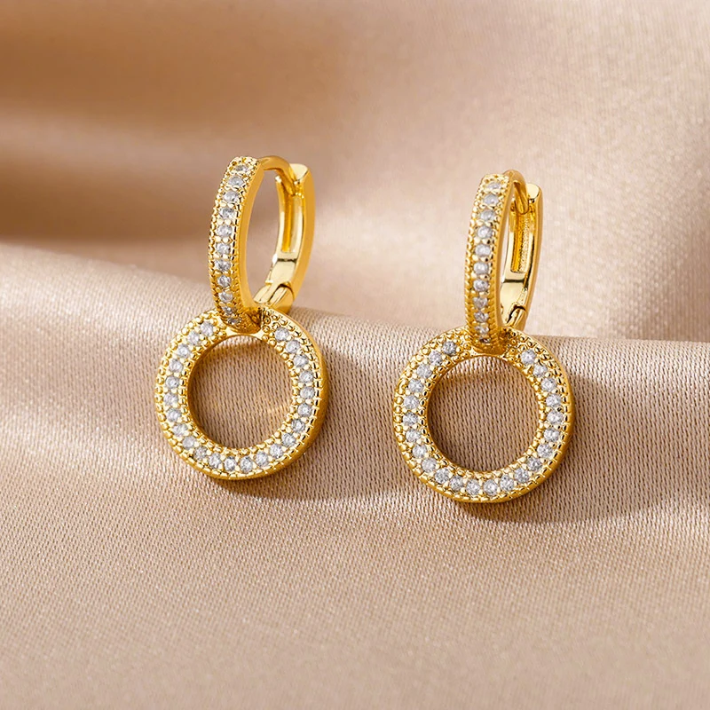 Zircon Tròn Đôi Khuyên Tai Vòng Cho Nữ Thép Không Gỉ Vòng Vòng Tròn Trái Tim Ác Xanh Bông Tai Nữ Thời Trang Trang Sức Dự Tiệc Tặng BFF