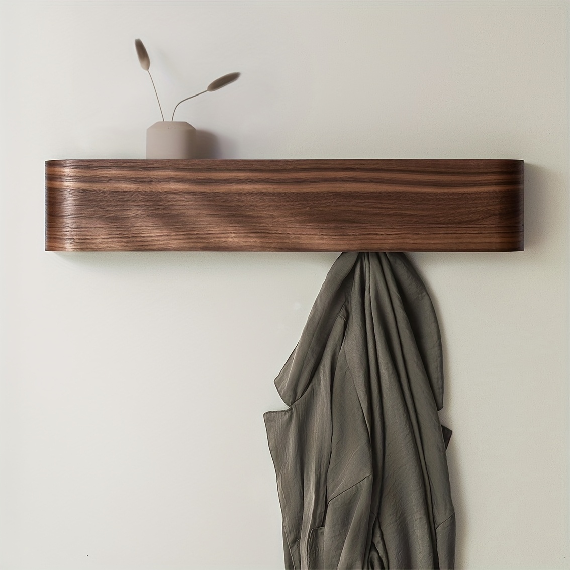 Modern Wall Coat Rack with Hidden Hooks & Shelf. Space-Saving, Solid Wood & Iron. For Entryway, Hallway. Easy Assembly.