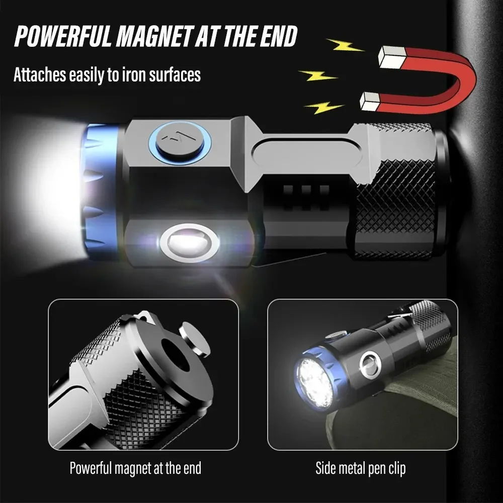 MINI linterna LED recargable, luz de Camping con luces laterales y cola de pantalla con imán, adecuada para explorar y acampar