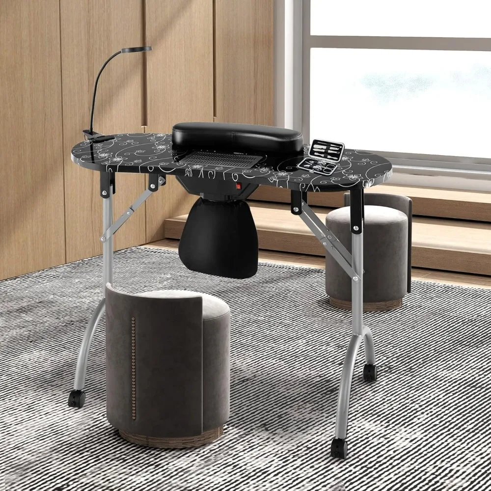 Nail Table for Nail Tech, Portable Manicure Table with Electric Dust Collector, USB-Plug LED Lamp, Wrist Rest,4 Lockable Wheels