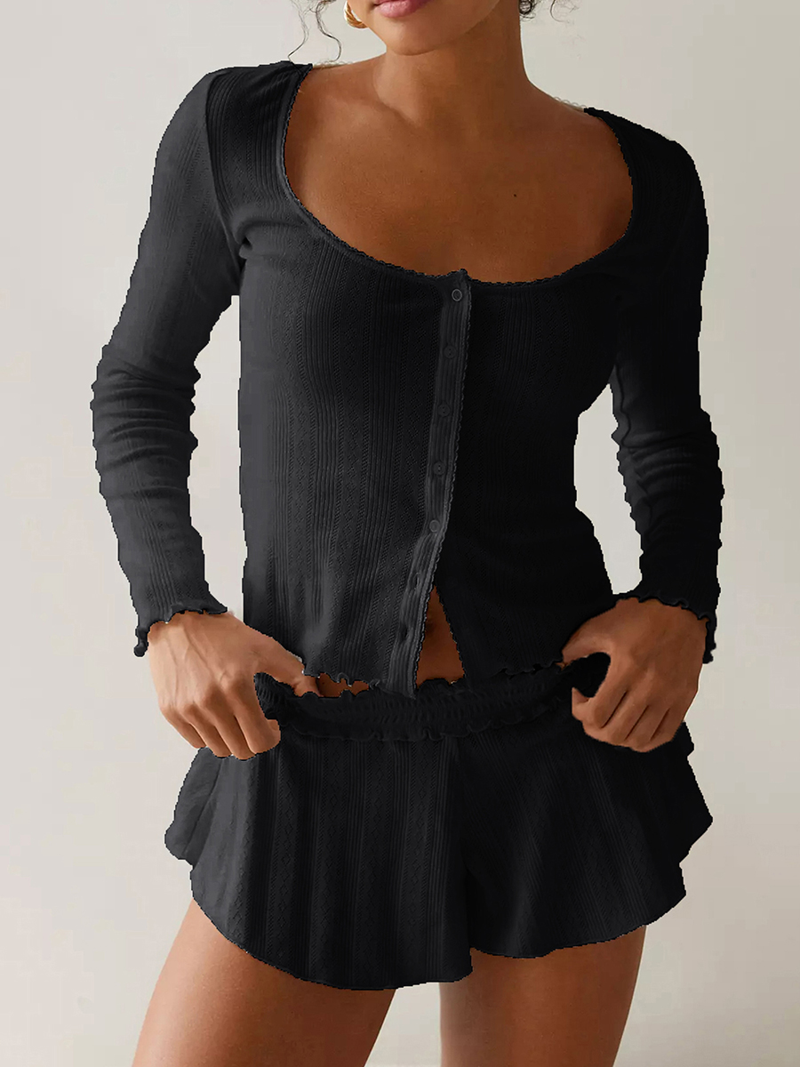 かわいい妖精パジャマセット長袖ボタンダウントップフリルショーツ 2 ピースラウンジセット Y2k パジャマ女性 2024 ショートドレス