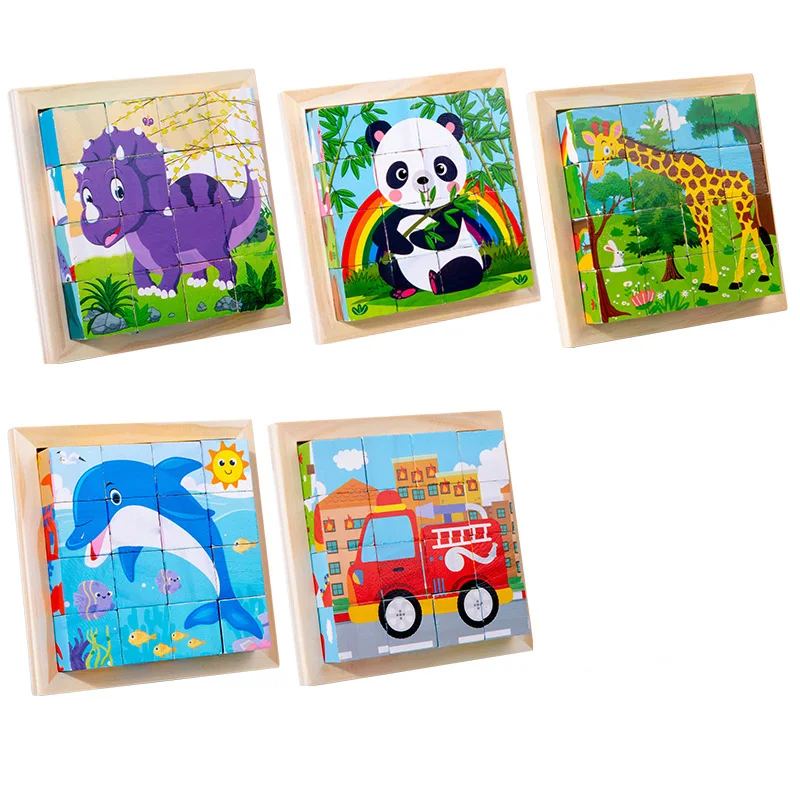 Kleuterschool Educatief Speelgoed Ambachten Cartoon Zeszijdige Houten Puzzelblokken Set Bijpassende Dieren Blokken Vroeg Onderwijs