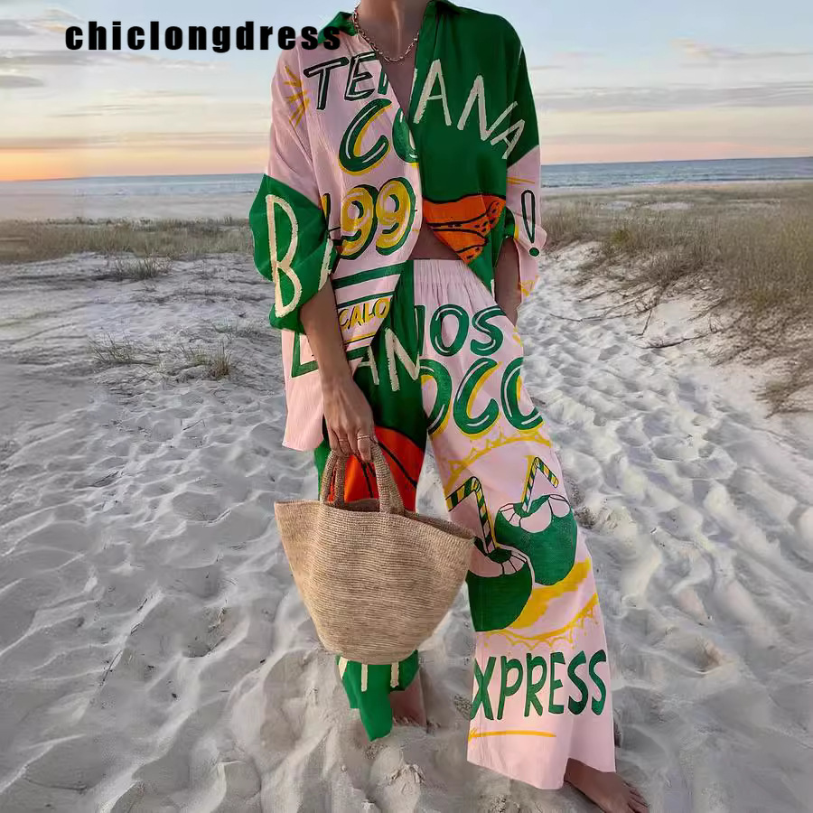 Conjunto de dos piezas de camisa estampada a la moda de verano para mujer, camisa informal holgada con botones de calle, pantalones de pierna ancha, conjunto de dos piezas para mujer
