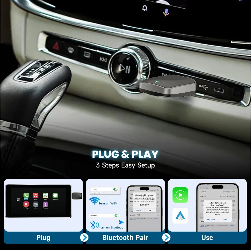 2025 NOWY Bezprzewodowy Carplay AI Box 2 w 1 Android Auto Plug And Play Do Konwersji Oryginalnego Samochodowego Przewodowego Carplay na Bezprzewodowy