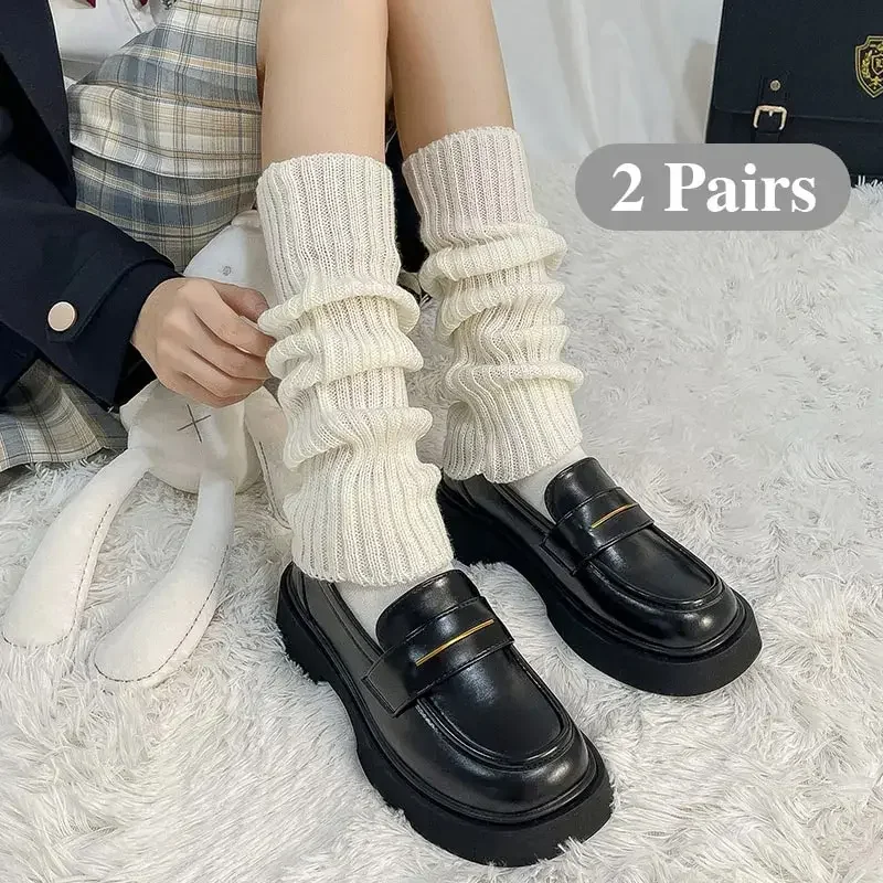 2 pares de calcetines de pila de estilo universitario JK simples de moda Harajuku de Color sólido de otoño e invierno para las cuatro estaciones para mujer