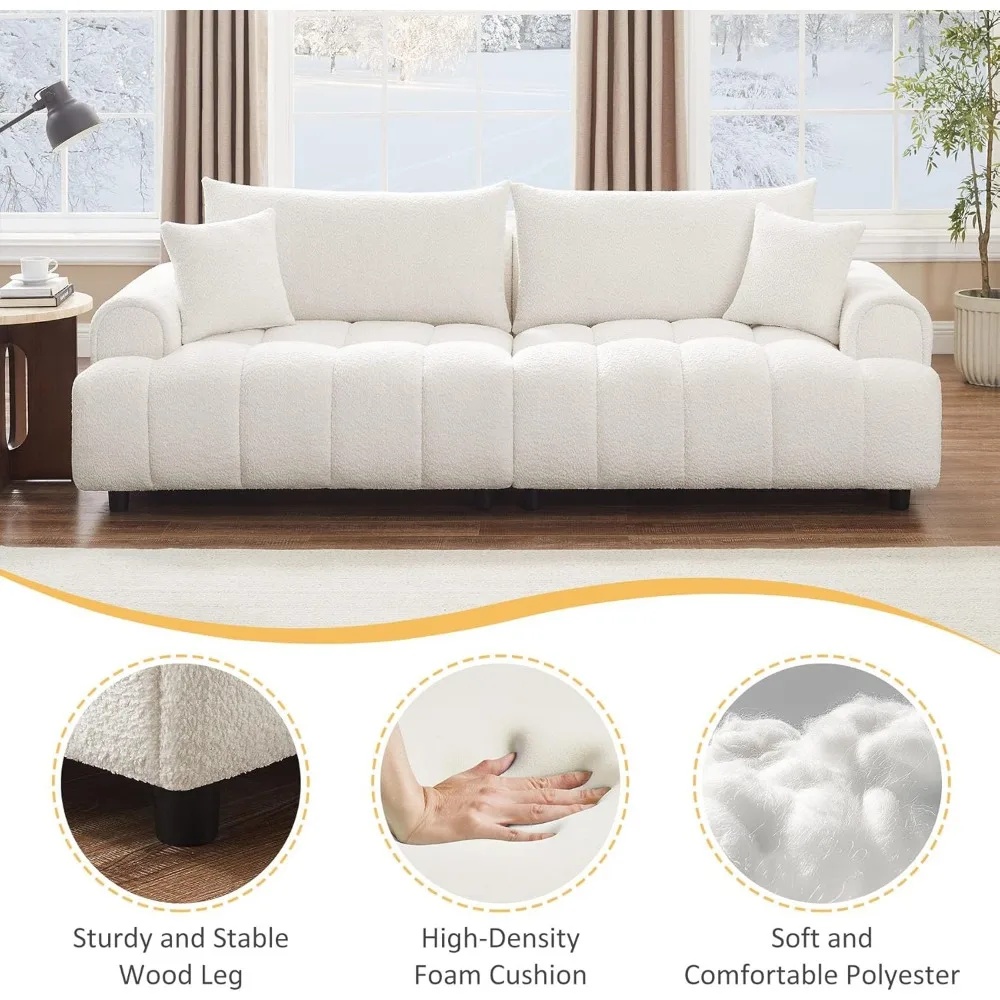 91" Comfy Tufted Upholstered Cloud Couches, Modern 3 Seater Sofa with Pillows, Oversized Deep Seat Sherpa Couch