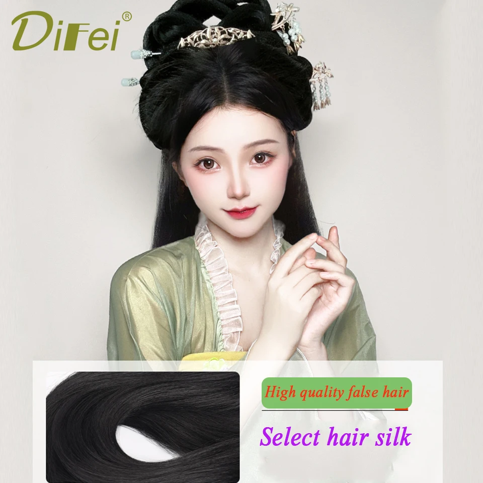 Bun sintético traje Hanfu, Classes chinesas Bun, Cabelo longo com meia cabeça Chignon, Peruca Headband