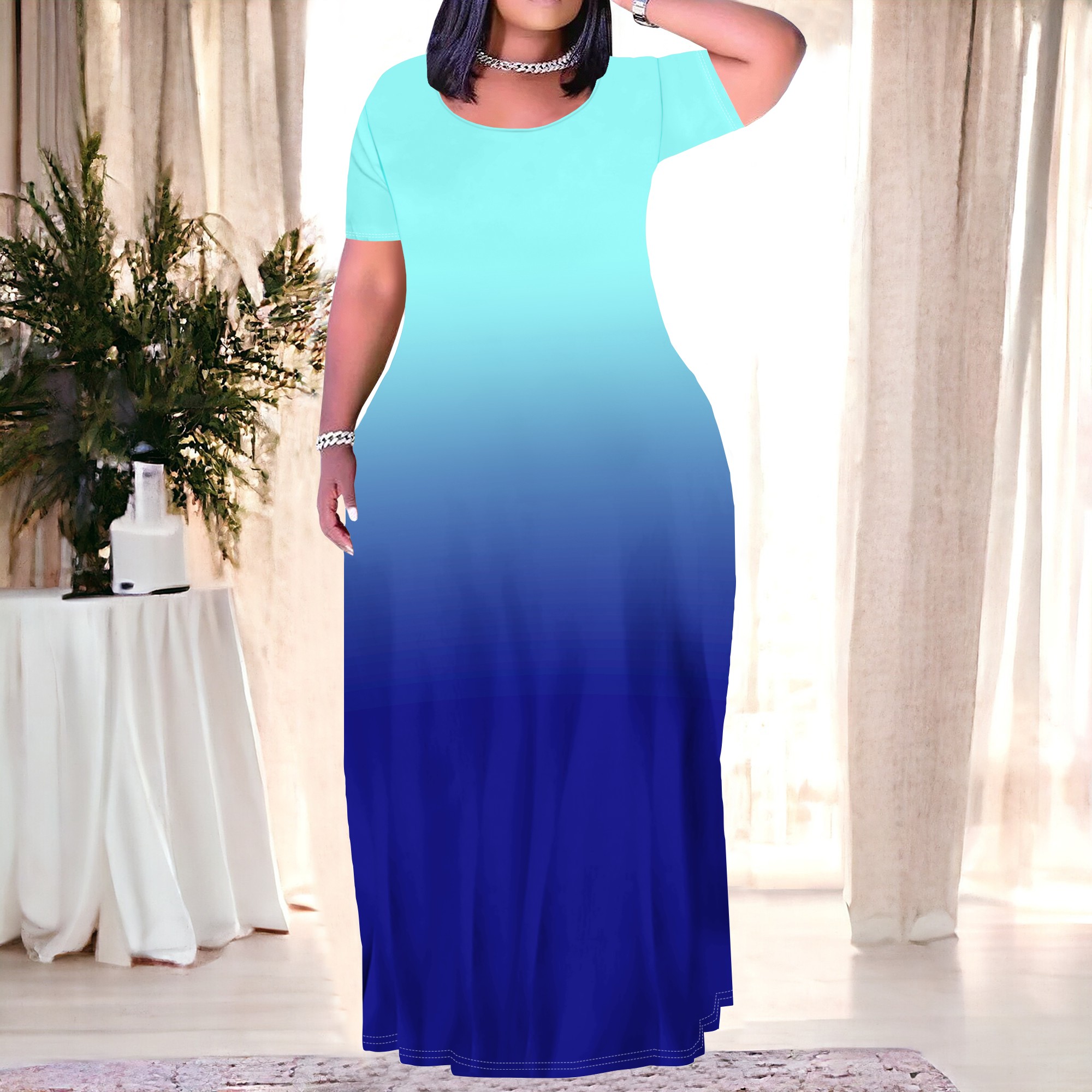 Damen-Maxikleider in Übergröße mit Farbverlauf, kurzärmeliges Sommerkleid, Sommer-T-Shirt, langes Strandkleid mit Taschen