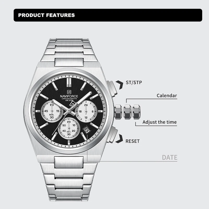 สไตล์ใหม่ NAVIFORCE คู่นาฬิกาคุณภาพสูงควอตซ์นาฬิกาข้อมือ Chronograph กีฬากันน้ําวันที่นาฬิกาคนรัก 2024