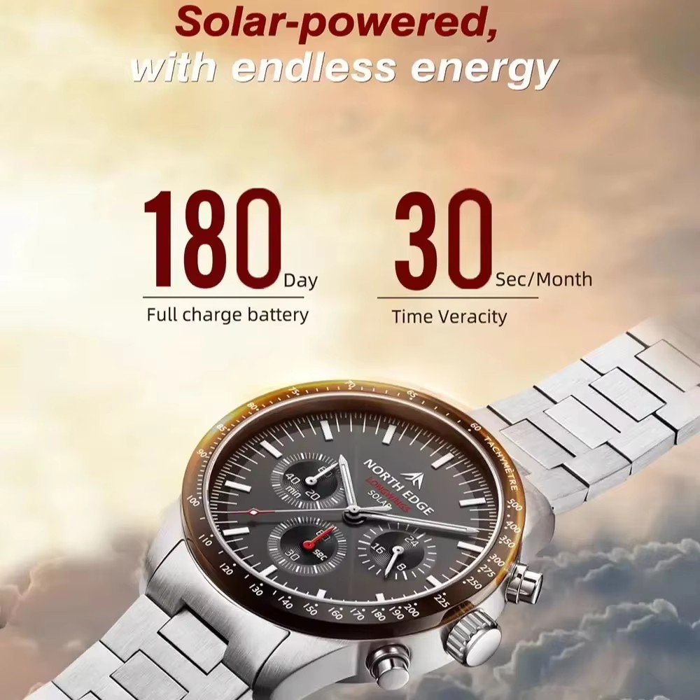 North edge 2025 longwings relógio de quartzo masculino movido a energia solar cronômetro à prova d'água 50m 316 relógio piloto luminoso de aço inoxidável completo