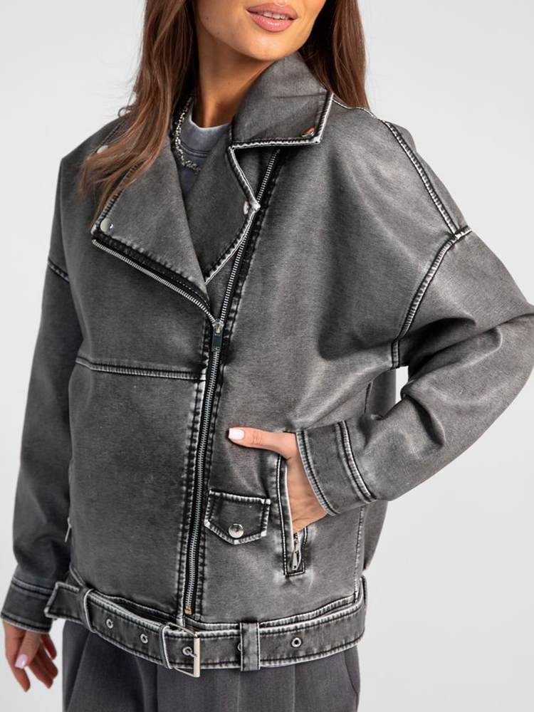 Ailegogo 春の新作秋の女性ヴィンテージルースフェイクレザージャケットストリート女性のレトロなジッパーベルトコート生き抜く